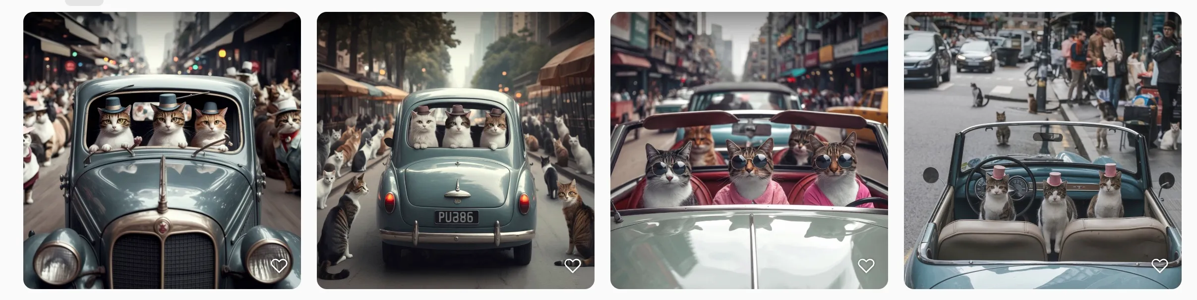 These images show a collection of humorous digitally altered photographs featuring cats driving or riding in vintage cars on busy city streets. The collection consists of four side-by-side images: Three cats wearing small top hats sitting in the front seat of a classic blue/gray sedan driving down a crowded street Three white cats in the front seat of a light blue vintage car with other cats lining the street watching them. Three cats wearing pink clothing in a red convertible classic car Three cats sitting in a light blue vintage convertible on what appears to be an Asian city street with motorcycles and pedestrians All images share the same whimsical concept of anthropomorphized cats as drivers or passengers in vintage automobiles navigating through urban environments.