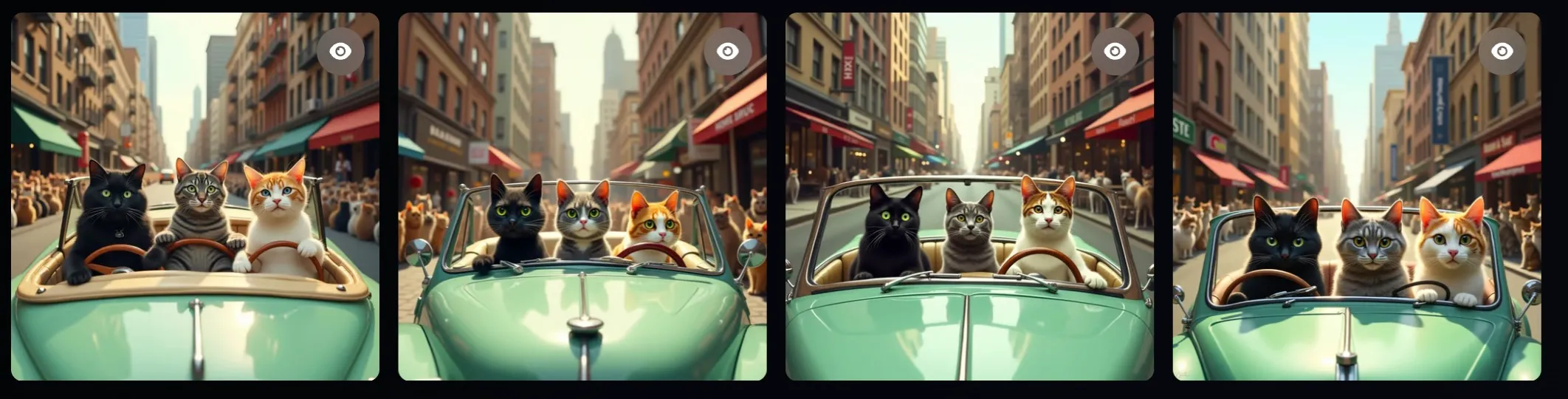 Four pictures of cats in a car on a busy city street filled with cats