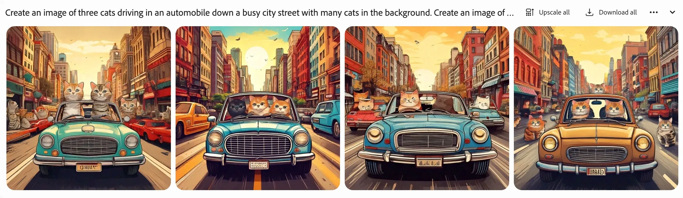 A grid of four stylized AI-generated illustrations showing cats driving vintage cars down city streets. Each panel features a similar scene with variations: Three cats in a teal vintage car with other cats visible in the background on a sunny city street. Two orange cats driving a blue classic car down a street with tall buildings and a setting sun. Three cats in a light blue vintage car with other cat-driven vehicles visible in traffic. Three cats (one orange, two gray) driving a yellow/brown classic car through a busy urban setting. All images share an illustrated/painted art style with warm sunset lighting, depicting anthropomorphized cats as drivers navigating through colorful cityscapes with other cat characters visible in the surroundings.
