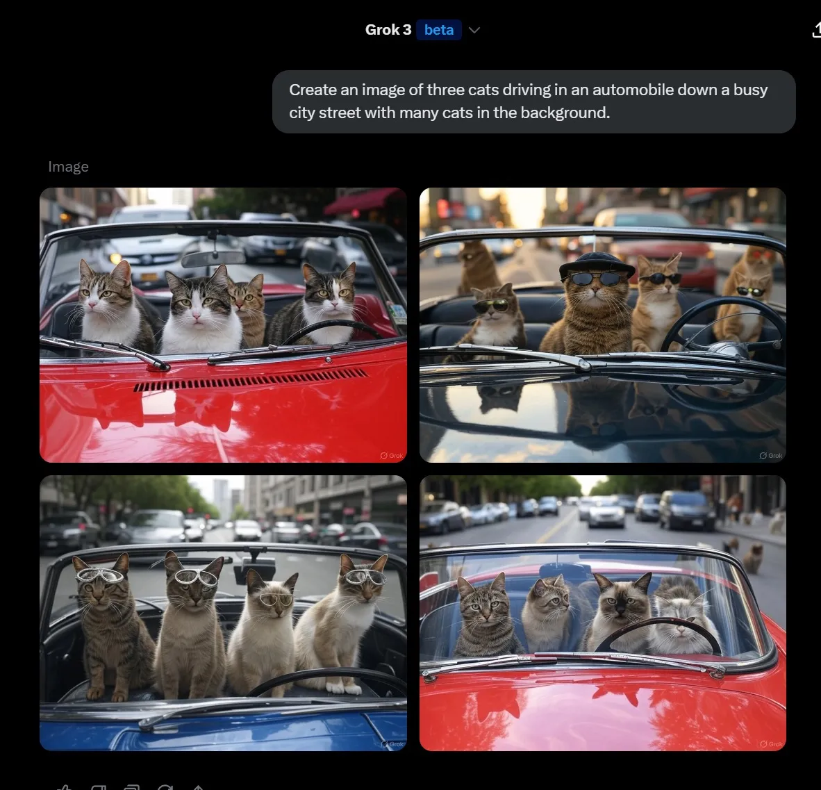 A 2x2 panel of four pictures showing cats in cars. Each panel has about 4 cats sitting in a convertible car. Some are wearing shades. Other hats. All pictures are set on an urban street that looks like a generic big city in the US