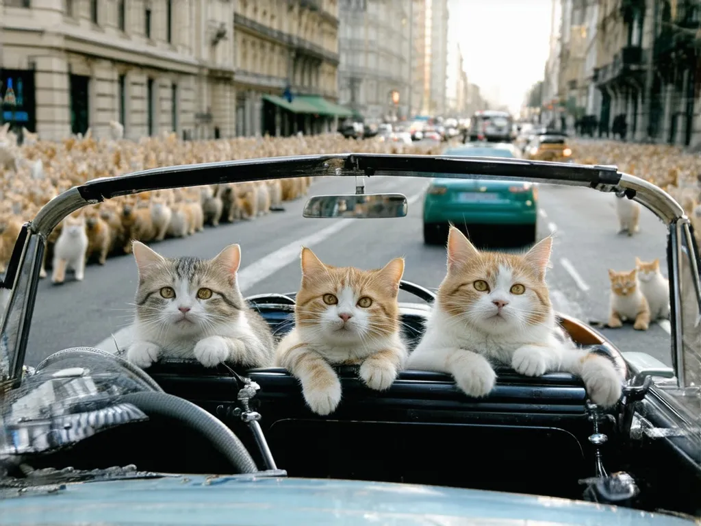 A digitally manipulated image showing three cats (one gray tabby, one orange tabby, and one white and orange) with their front paws resting on the dashboard of a convertible car. In the background, hundreds of cats appear to be lining both sides of a city street. The perspective is from inside the vehicle looking out at the surreal scene of the cat-filled urban landscape, with buildings and traffic visible in the distance.